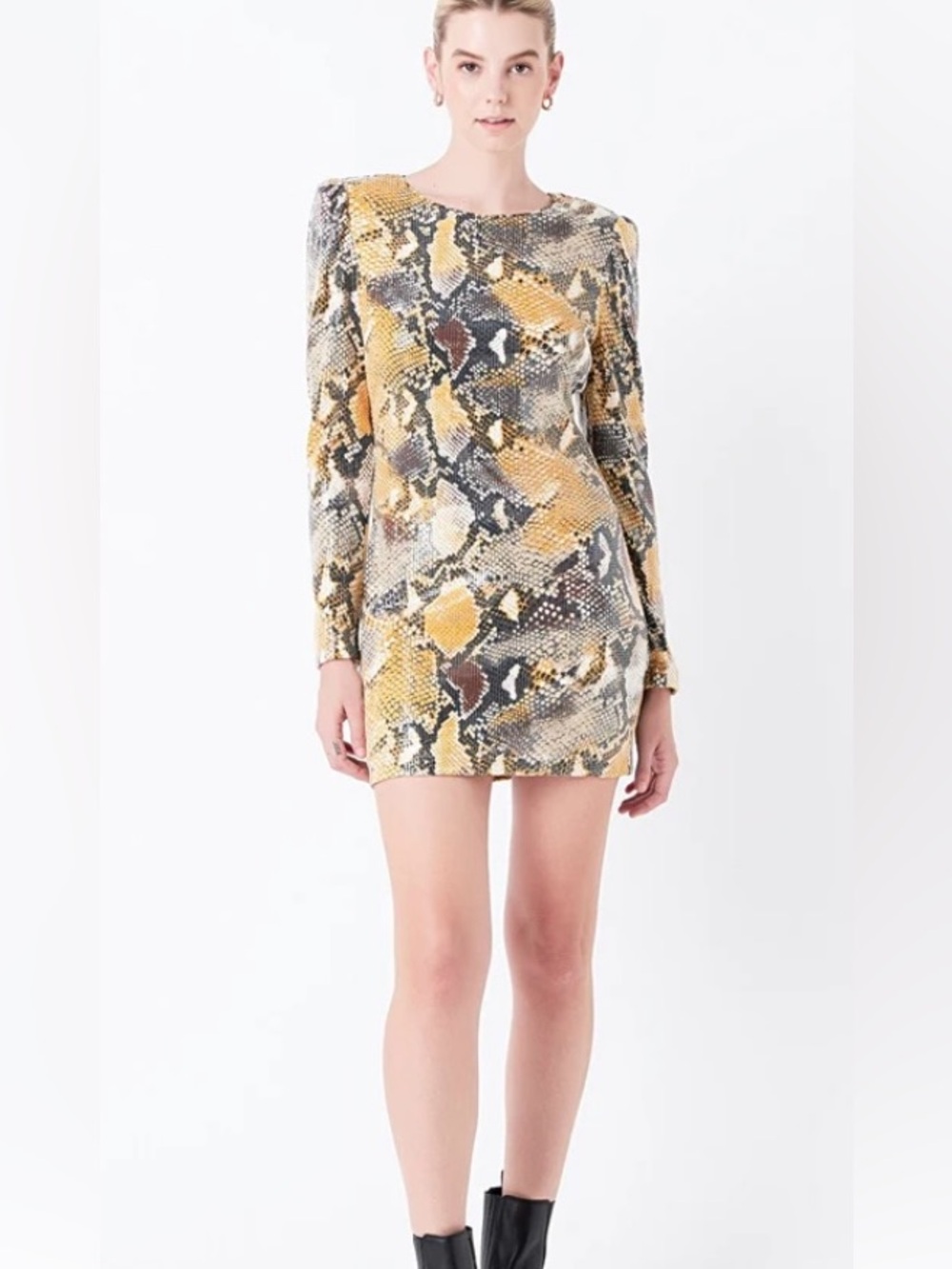 GREY LAB Snake-Print Mini Dress in Yellow, Gray and Black